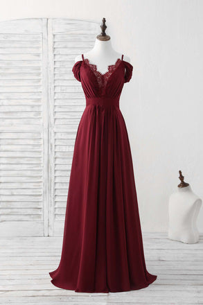 Straps Blue A Line Chiffon V Neck Long Bridesmaid Dress With Ruffles