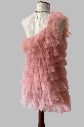 One Shoulder Blush Pink Short Mini Homecoming Dress With Layered