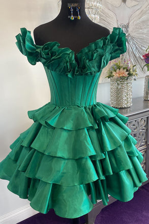 Taffeta Green Off the Shoulder Short Homecoming Dress With Ruffles