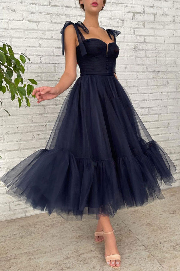 A Line Dark Blue Tea Length Tulle Long Prom Dress Royal Blue