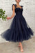 A Line Dark Blue Tea-Length Tulle Long Prom Dress, Royal Blue Tulle Evening Dress