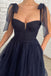 A Line Dark Blue Tea-Length Tulle Long Prom Dress, Royal Blue Tulle Evening Dress