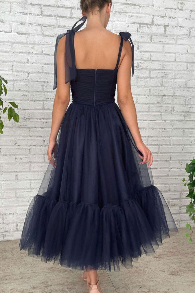 A Line Dark Blue Tea-Length Tulle Long Prom Dress, Royal Blue Tulle Evening Dress