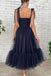 A Line Dark Blue Tea-Length Tulle Long Prom Dress, Royal Blue Tulle Evening Dress