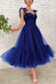 A Line Dark Blue Tea-Length Tulle Long Prom Dress, Royal Blue Tulle Evening Dress