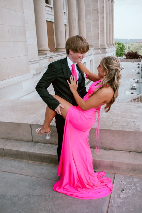 Sexy Hot Pink V Neck Sleeveless Mermaid Long Formal Gown With Split