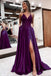 Elegant Purple Satin Prom Dress V Neck Split Party Gown With Lace Appliques