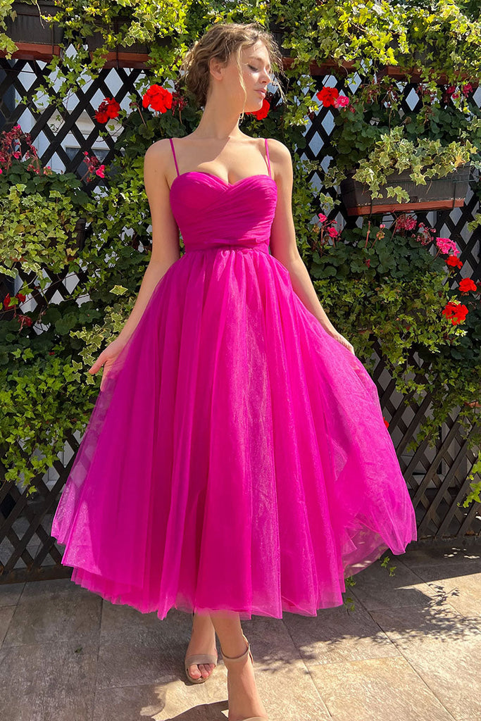 Tea-Length Fuchsia Sleeveless Cocktail Party Dress, Tulle Sweet 16 Dress