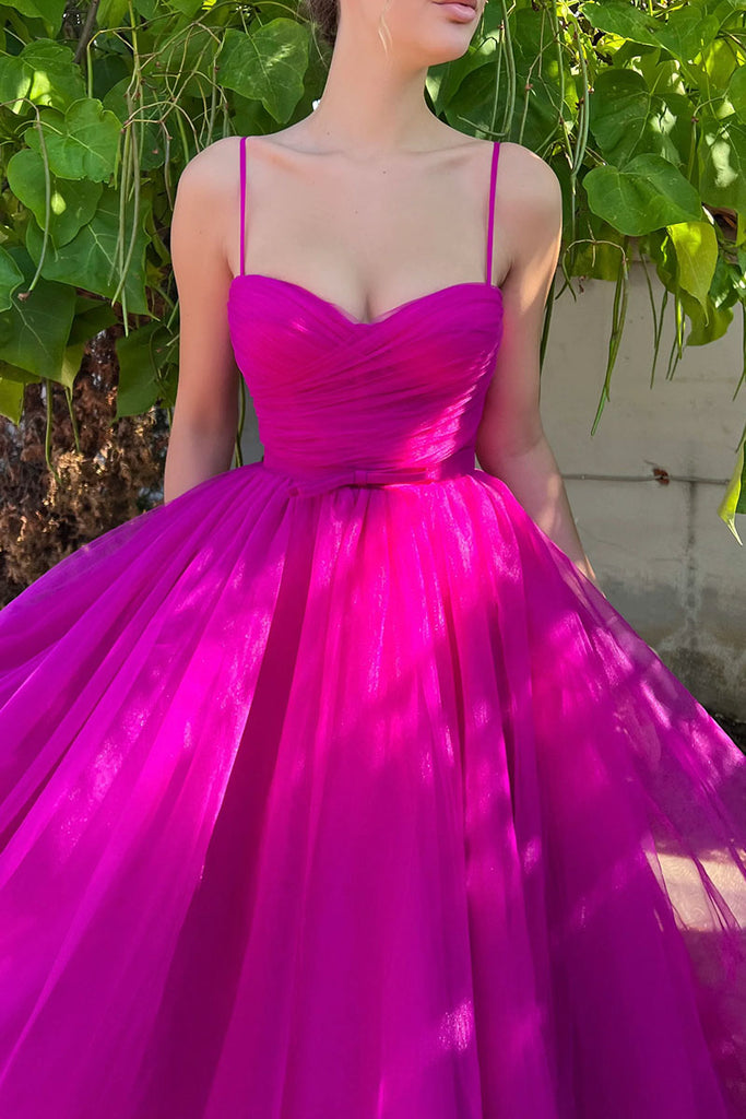 Tea-Length Fuchsia Sleeveless Cocktail Party Dress, Tulle Sweet 16 Dress