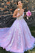 A Line Princess Lace Sleeveless Lavender Long Prom Dress With Applique