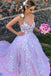 A Line Princess Lace Sleeveless Lavender Long Prom Dress With Applique