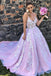 A Line Princess Lace Sleeveless Lavender Long Prom Dress With Applique