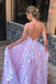 A Line Princess Lace Sleeveless Lavender Long Prom Dress With Applique