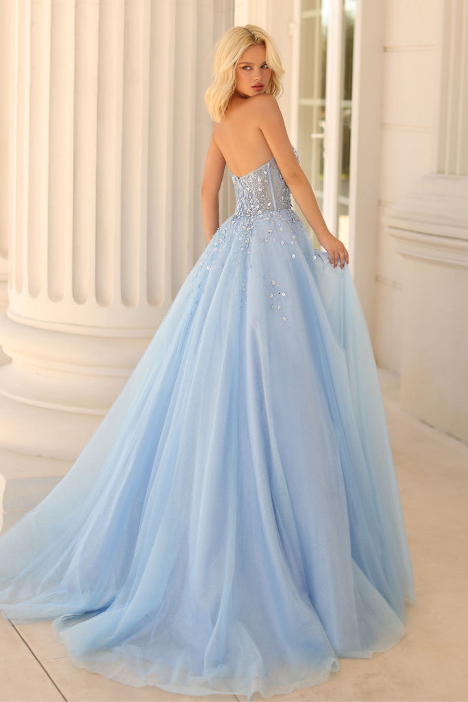 Elegant Light Blue Strapless Corset A Line Tulle Long Prom Dress With Sequin