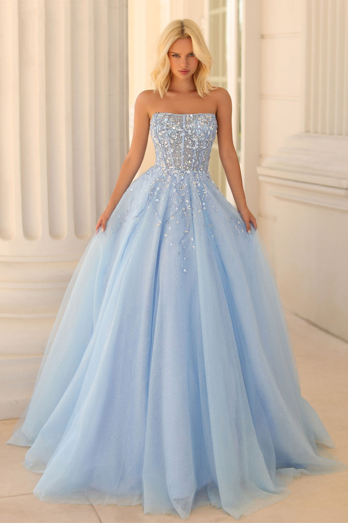 Elegant Light Blue Strapless Corset A Line Tulle Long Prom Dress With Sequin