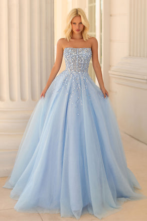 Elegant Light Blue Strapless Corset A Line Tulle Long Prom Dress With Sequin