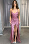 Straps Pink Mermaid Sequin V-neck Long Prom Dress With High Split