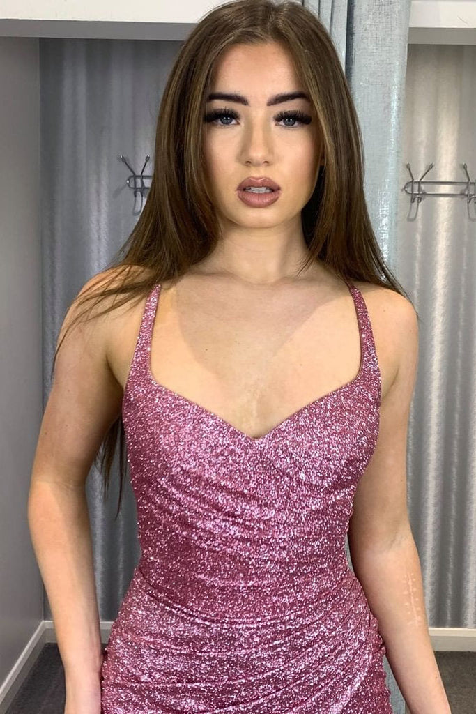 Straps Pink Mermaid Sequin V-neck Long Prom Dress With High Split