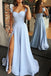 Sweetheart Light Blue Short Sleeves Long Prom Dresses Satin With High Slit