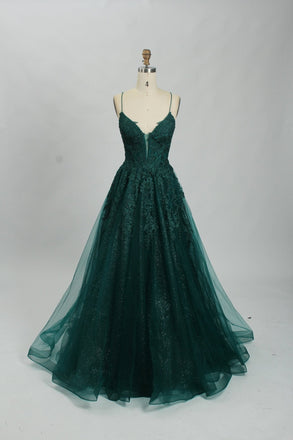 Embroidered Lace Forest Green Spaghetti Straps Floral Tulle Ball Gown With Sequin