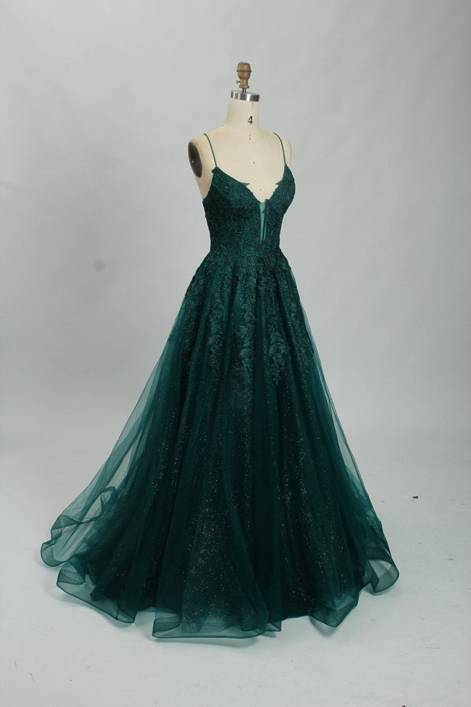 Embroidered Lace Forest Green Spaghetti Straps Floral Tulle Ball Gown With Sequin