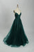 Embroidered Lace Forest Green Spaghetti Straps Floral Tulle Ball Gown With Sequin