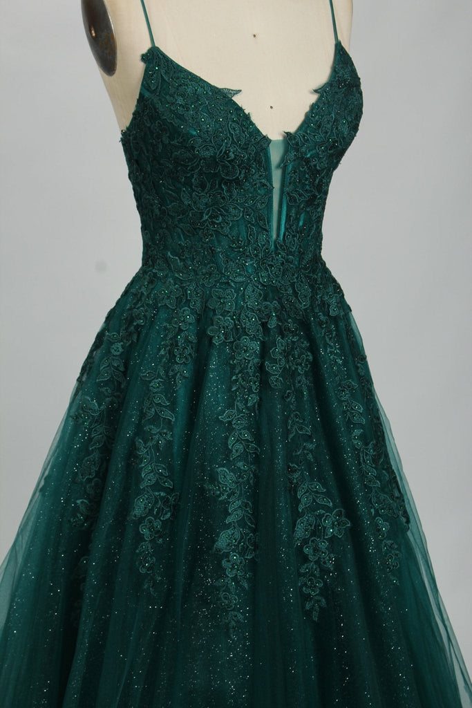 Embroidered Lace Forest Green Spaghetti Straps Floral Tulle Ball Gown With Sequin