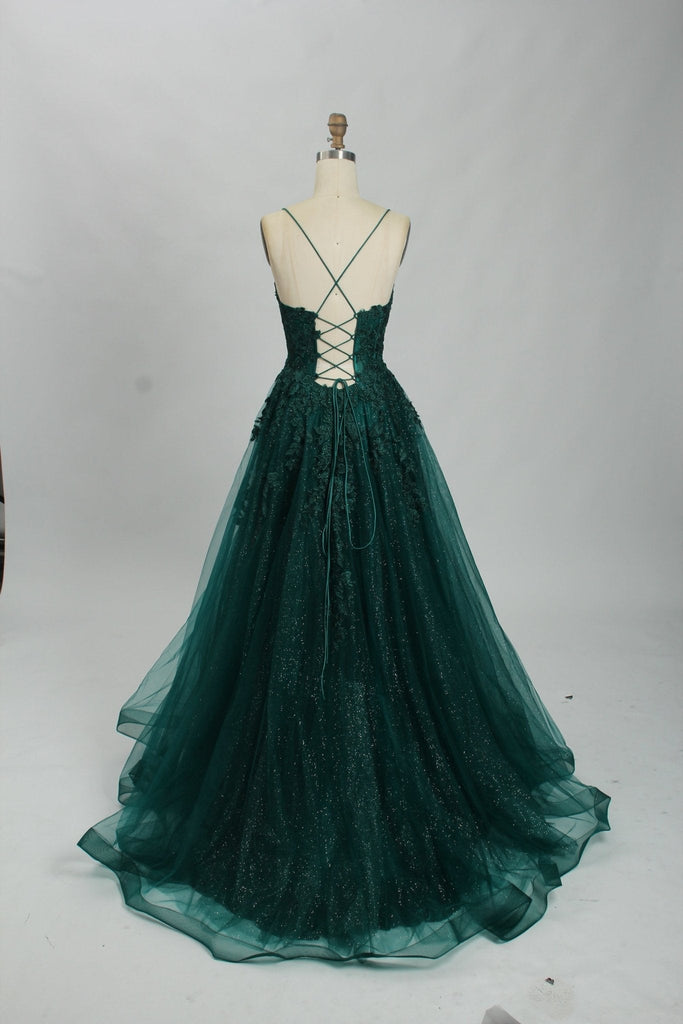 Embroidered Lace Forest Green Spaghetti Straps Floral Tulle Ball Gown With Sequin