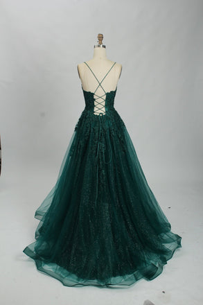 Embroidered Lace Forest Green Spaghetti Straps Floral Tulle Ball Gown With Sequin