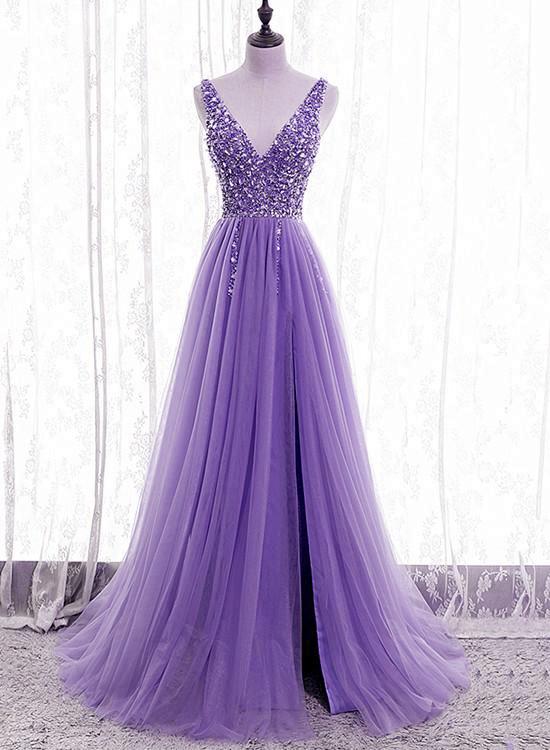 Purple Beaded V Neck Tulle Sparkle Party Prom Dress With Split