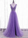 Purple Beaded V Neck Tulle Sparkle Party Prom Dress With Split
