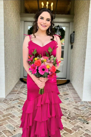 Spaghetti Straps Fuchsia Mermaid Slit Long Prom Dress With Ruffles