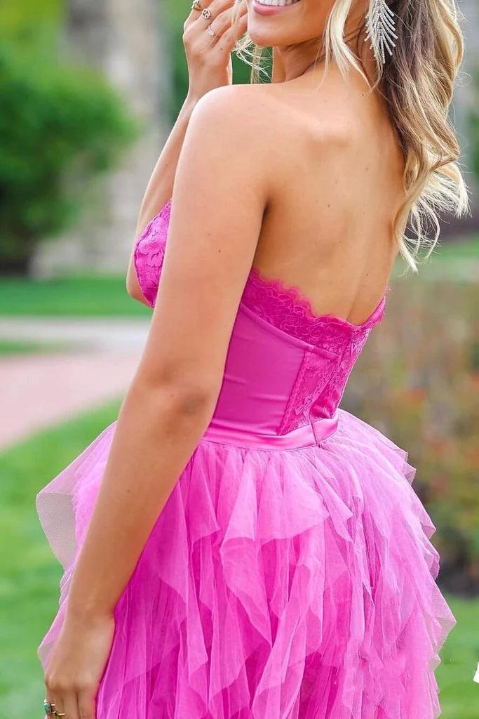 Sweetheart Hot Pink A Line Tulle Lace Long Prom Dress With Ruffles Slit