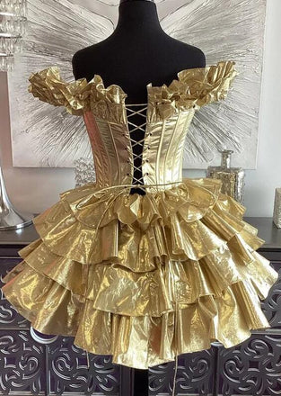 Off the Shoulder Yellow A Line Short Homecoming Dress With Ruffles