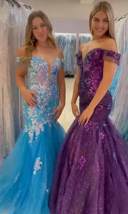 Off the Shoulder Light Blue A Line Tulle Long Prom Dress With Sequins