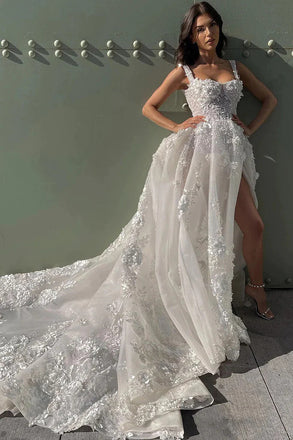 A Line Ivory Sweetheart Tulle Illusion Wedding Dress With Appliques