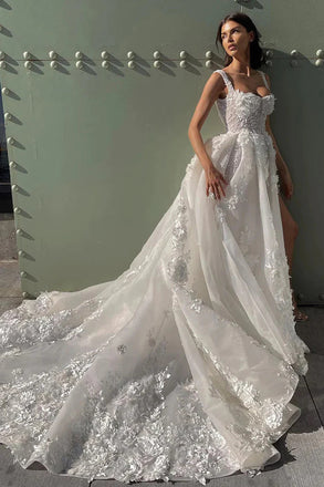 A Line Ivory Sweetheart Tulle Illusion Wedding Dress With Appliques
