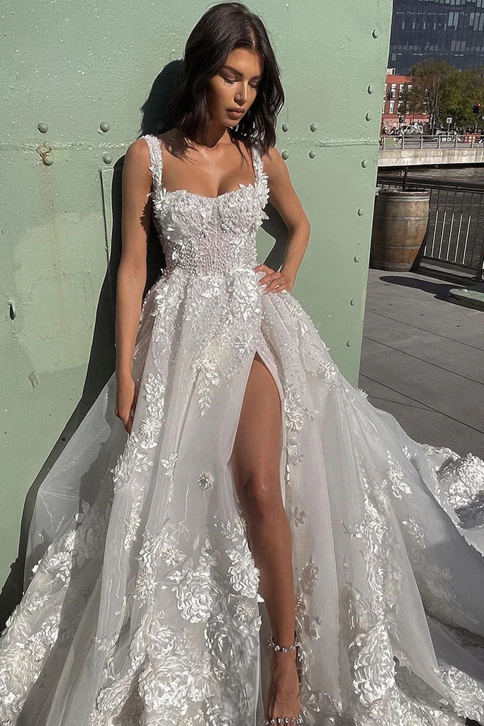 A Line Ivory Sweetheart Tulle Illusion Wedding Dress With Appliques
