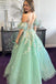 Sparkly Light Green Sweetheart Tulle Long Prom Dress With Detachable Sleeves