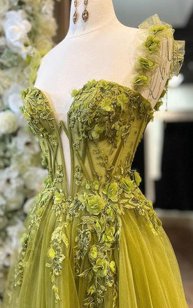 Sweetheart Emerald Tulle Off the Shoulder Long Prom Dress With Appliques