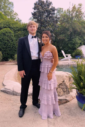 Spaghetti Straps Purple V Neck Sleeveless Long Prom Dress With Layers