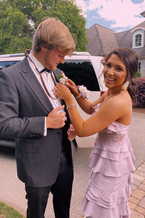 Spaghetti Straps Purple V Neck Sleeveless Long Prom Dress With Layers