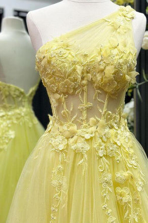 One Shoulder Yellow Tulle Sleeveless Beaded Long Prom Dress With Appliques
