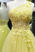 One Shoulder Yellow Tulle Sleeveless Beaded Long Prom Dress With Appliques