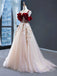 Straps Red Short Sleeves Tulle Long Prom Party Dress With Appliques