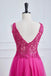 V Neck Fuchsia Lace A Line Prom Dress With Appliques, New Arrival Evening Gown