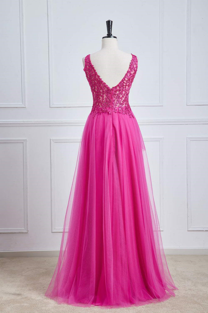 V Neck Fuchsia Lace A Line Prom Dress With Appliques, New Arrival Evening Gown