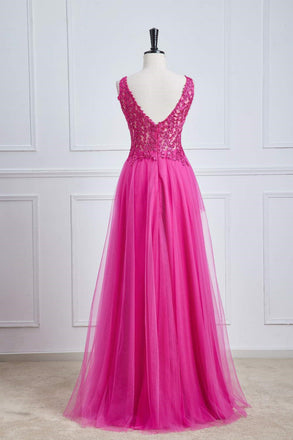 V Neck Fuchsia Lace A Line Prom Dress With Appliques, New Arrival Evening Gown