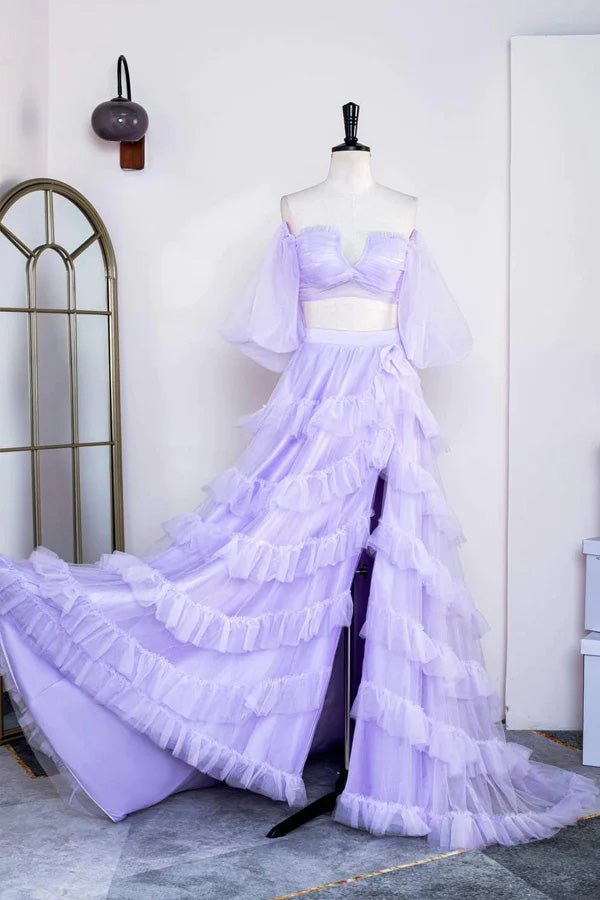 Off the Shoulder Lavender Two Piece Ruffles Long Prom Party Dress With Slit