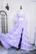 Off the Shoulder Lavender Two Piece Ruffles Long Prom Party Dress With Slit